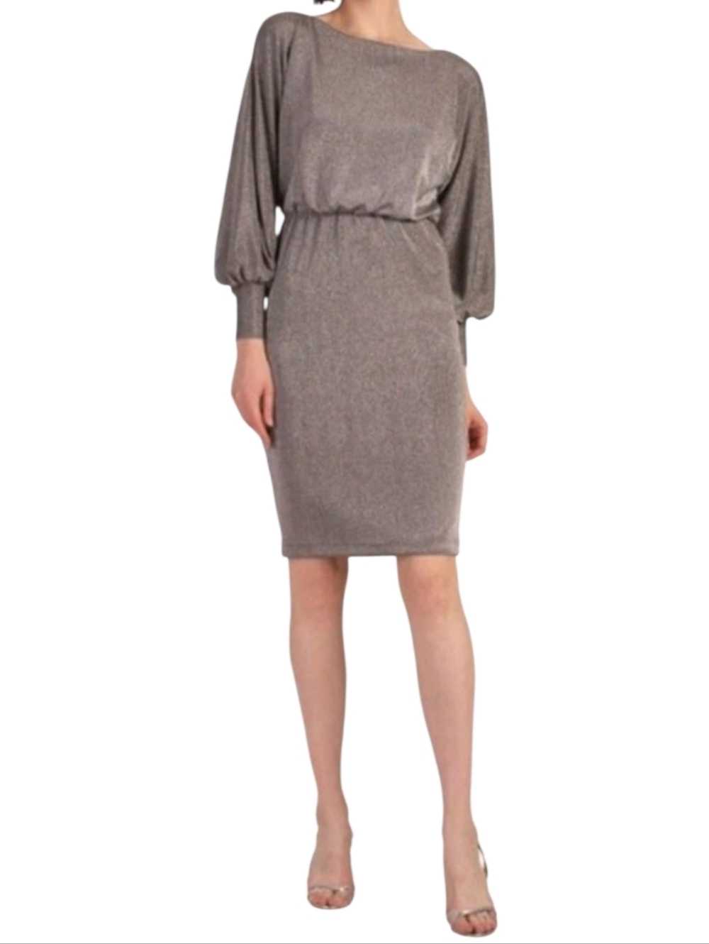 Trina Turk Europa Metallic Silver Midi Dress S Blouson Sleeve NWT